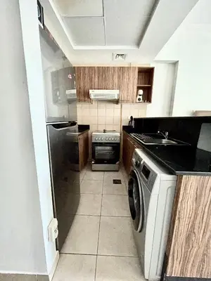 a kitchen with a washing machine and a sink at Spacious Modern High Floor Independent Studio Downtown in Dubai