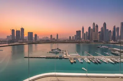 a view of a city skyline with a harbor at Private Beach , Luxury 2BR , Emaar 5-Star Amenities in Dubai
