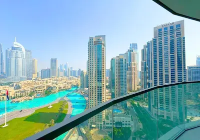 a view of a city from the top of a building at DreamShoma Grande Signature Luxury Full Burj Khalifa & Fountain View in Dubai