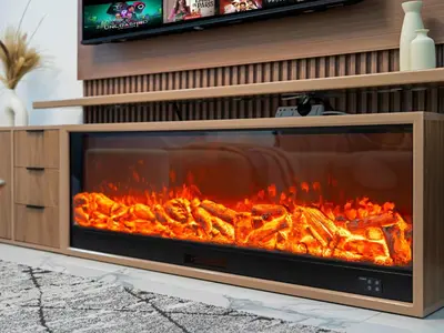 a fireplace in a living room with flames in it at Centric Flat w Marina View, Ideal Beach Stay Big Terrace Sleep 9 in Dubai