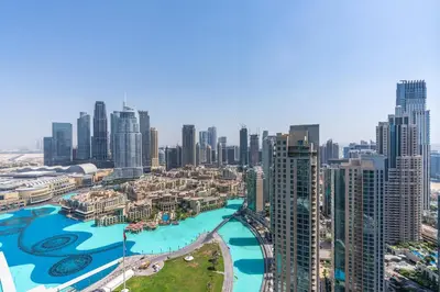 an aerial view of a city with tall buildings at 2Bed with spectacular Burj Khalifa & fountain view in Dubai