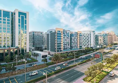 an aerial view of a city with tall buildings at Cozy 2 Br Heart of Palm Jumeirah in Dubai