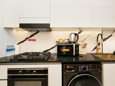 a kitchen with a stove and a microwave at Modern Studio with Jacuzzi and Premium Amenities in Dubai