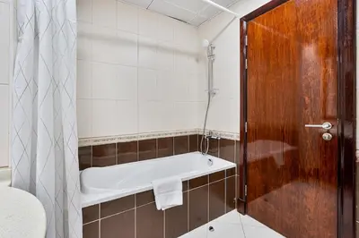 a bathroom with a bath tub and a shower at Modern 2 Bed with Waterfront Views, Gym & Pool in Dubai