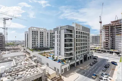an aerial view of a city with tall buildings at Elegant & Cozy Home with Stylish Modern Interiors in Dubai