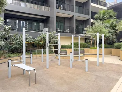 a playground in front of a building at FIRST CLASS Studio Modern Elegance in Dubai