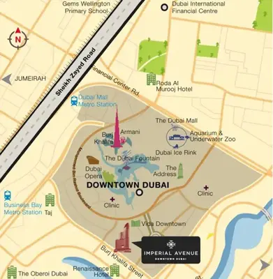 a map of dowtown dublin with the dowtown ditch at IMPERIAL AVENUE Brand New Ultra Luxury Full Downtown, Old Town & Burj Khalifa Amazing View! Unforgettable Stay! in Dubai