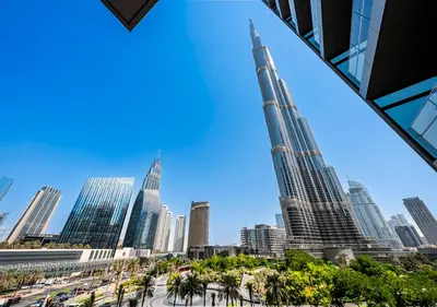 a view of a city skyline with skyscrapers at Luxury 2BR at Address Opera with Burj Khalifa View in Dubai