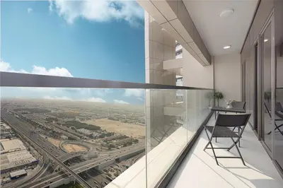 an office balcony with a view of a city at Skyline Retreat, 2BDR Ensuite Comfort, City View in Dubai