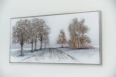 a painting of a snow covered road with trees at Bright Designer Stay in Luxurious Comfort in Dubai