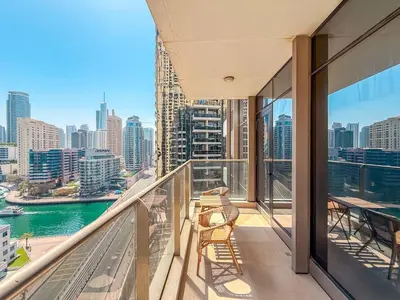 a balcony with a view of the city at Chic Stay in Sparkle Towers in Dubai
