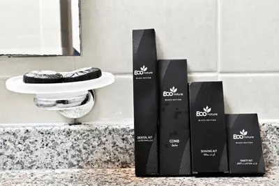 two boxes sitting on a counter in a bathroom at Torch Dubai Marina 2BDR with Pool Gym and Views in Dubai