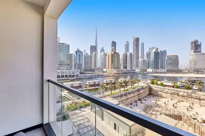 a view of a city skyline from a building at Khalifa View Luxe 1BHK in Dubai