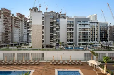 a view of a city skyline with buildings at FIRST CLASS Studio Luxury Comfort , Pool View in Dubai
