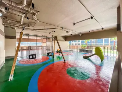 an empty gym with a playground with slides and swings at Front Burj View - 6min to Dubai Mall - Pool - Gym in Dubai