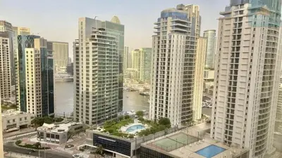 an aerial view of a city with tall buildings at JBR - spacious and neat 3br apt in Shams 1 in Dubai