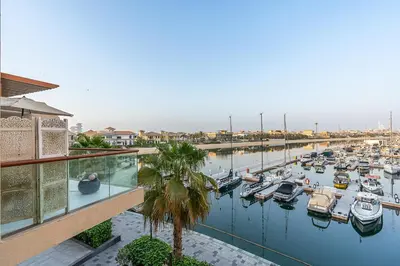 a view of a marina with boats in the water at Elegant Studio on Palm Jumeirah With Stunning Views in Dubai