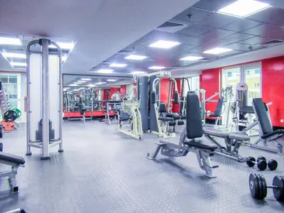a gym with lots of machines and red walls at Luxury 1BR in Sulafa Tower by EE Holiday Homes in Dubai