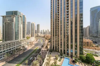 an aerial view of a city with tall buildings at Silkhaus Chic Studio in Downtown at Claren Tower in Dubai