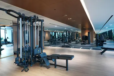 a gym with cardio equipment in a building at Premium Stay at High-Floor Trillionaire Studio in Dubai