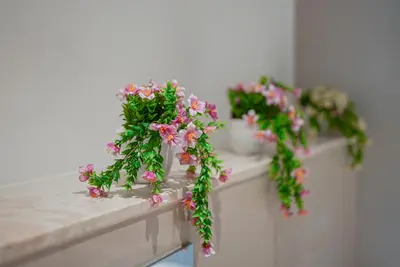 a row of flowers in vases on a counter at Luxury 2-Bedroom Apartment with Stunning City Views By Norbu Holiday Homes in Dubai