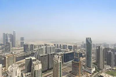 an aerial view of a city with tall buildings at VayK - Stylish 1BR in Prime Downtown Location in Dubai