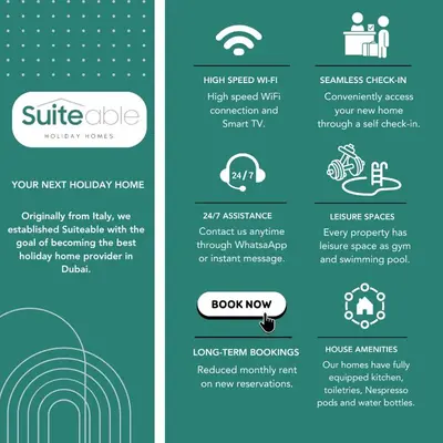 a brochure template for a website or presentation with editable text at Cozy 3 Bedroom with walking access to JBR Beach in Dubai