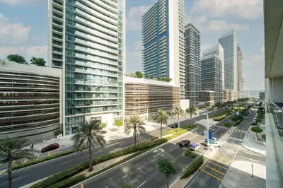 a street in a city with tall buildings at Elegant 2 Bed Beach Front Retreat in Dubai