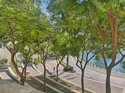 a row of trees in a park next to the water at High-Floor 2BR in Dubai Marina with Balcony in Dubai