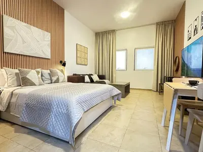 a large bedroom with a bed and a desk at Cozy & Stylish Studio in Silicon Oasis in Dubai