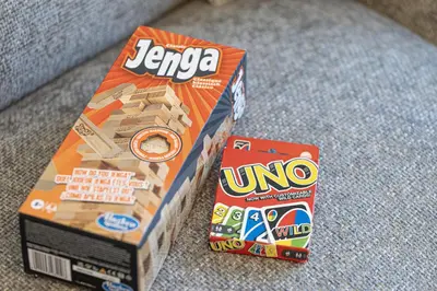 two boxes of jenga boxes sitting on the floor at Beachfront 1BR with Private Beach Access in Dubai