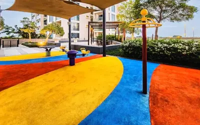a colorful walkway with ducks on it with an umbrella at Vogue Emirates Hills, Vida The Hills Residence near Marina and JBR, Three Bedroom Apartment with Balcony and Golf Club View, Access to all Amenities in Dubai