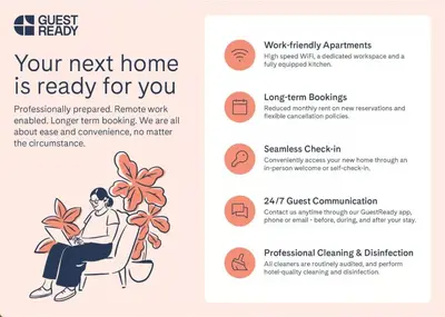 a brochure of a woman sitting in a chair with a plant at GuestReady - Studio | Stunning Burj Khalifa View in Dubai