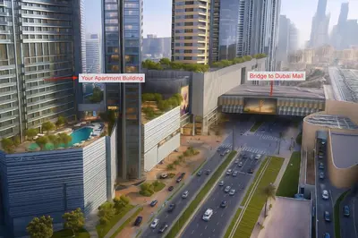 an aerial view of a city with tall buildings at Vida Dubai Mall - Luxury 1BR with Direct access to Dubai Mall in Dubai