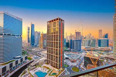 a view of a city with tall buildings at Stylish Studio with Burj Khalifa Views in Dubai