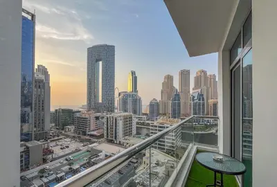 a room with a view of a city skyline at 3BHK and Floating Bed in Dubai Marina w View DEC 1707 in Dubai