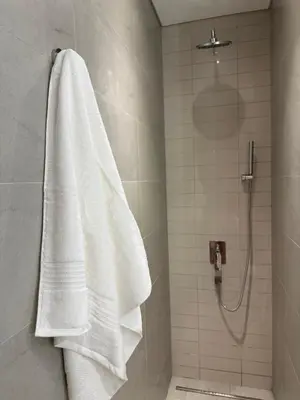 a bathroom with a shower with a white towel at Oakley Square Residence in Dubai
