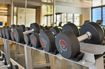 a row of dumbbells on a rack in a gym at Estudio Rimal en Dubái por beBalmy in Dubai
