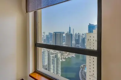a view from a window of a city at Marina View Relax - Sadaf 1BR Apartment in Dubai
