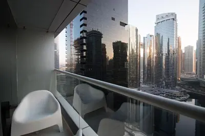 a balcony with a view of a city skyline at Studio at Dubai Arch 2005 in Dubai