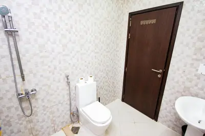 a bathroom with a toilet and a shower and a sink at Dezire Premium Fully Furnished 1 BHK Apartment in Dubai