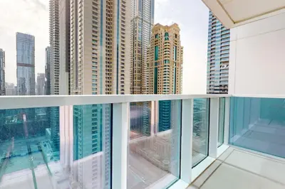 a balcony with views of a city skyline at Joyful Journeys Marina Arcade Private Room for 2 - Shared Kitchen in Dubai