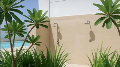 a bathroom with four shower heads and palm trees at Elegant Studio Stay in Binghatti Tulip Dubai in Dubai