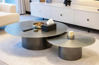 a round coffee table in a living room at Skyline Views with Waterfront & Marina Walk - 3 BDR Apartment in Dubai