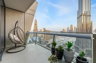 a balcony with a view of a city at 3BR Direct Access to Dubai Mall and Burj Khalifa in Dubai