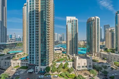 an aerial view of a city with tall buildings at 2BR 29Blvd Balcony Fountain View in Dubai
