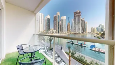a balcony with a view of the city at Vacationer l Lux 2 Bedroom Apartment with Marina & Skyline View Prime Location in Dubai