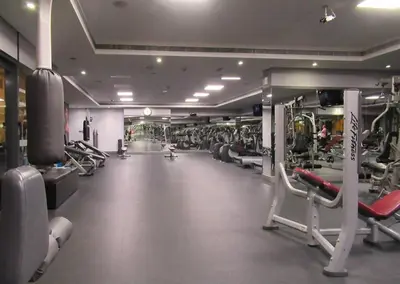 a gym with rows of treadmills and machines at Frank Porter - Goldcrest Views 2 in Dubai