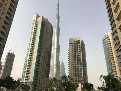 a view of the burj khalifa in a city with tall buildings at Skyline 43 - Penthouse Burj Khalifa View & Pool in Dubai