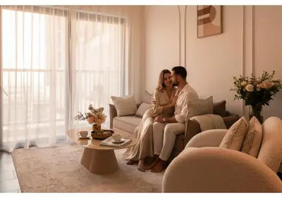 a man and woman sitting on a couch in a living room at Luxury 1BR Apartment - Pool View - The Crest Dubai in Dubai